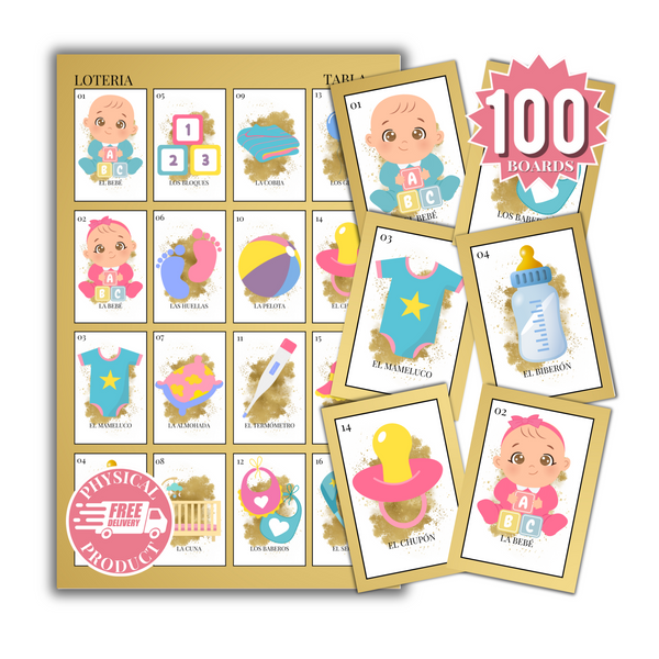 Baby Shower Bingo In Spanish - 100 Cards - Baby Shower Bingo In Spanish - Gold