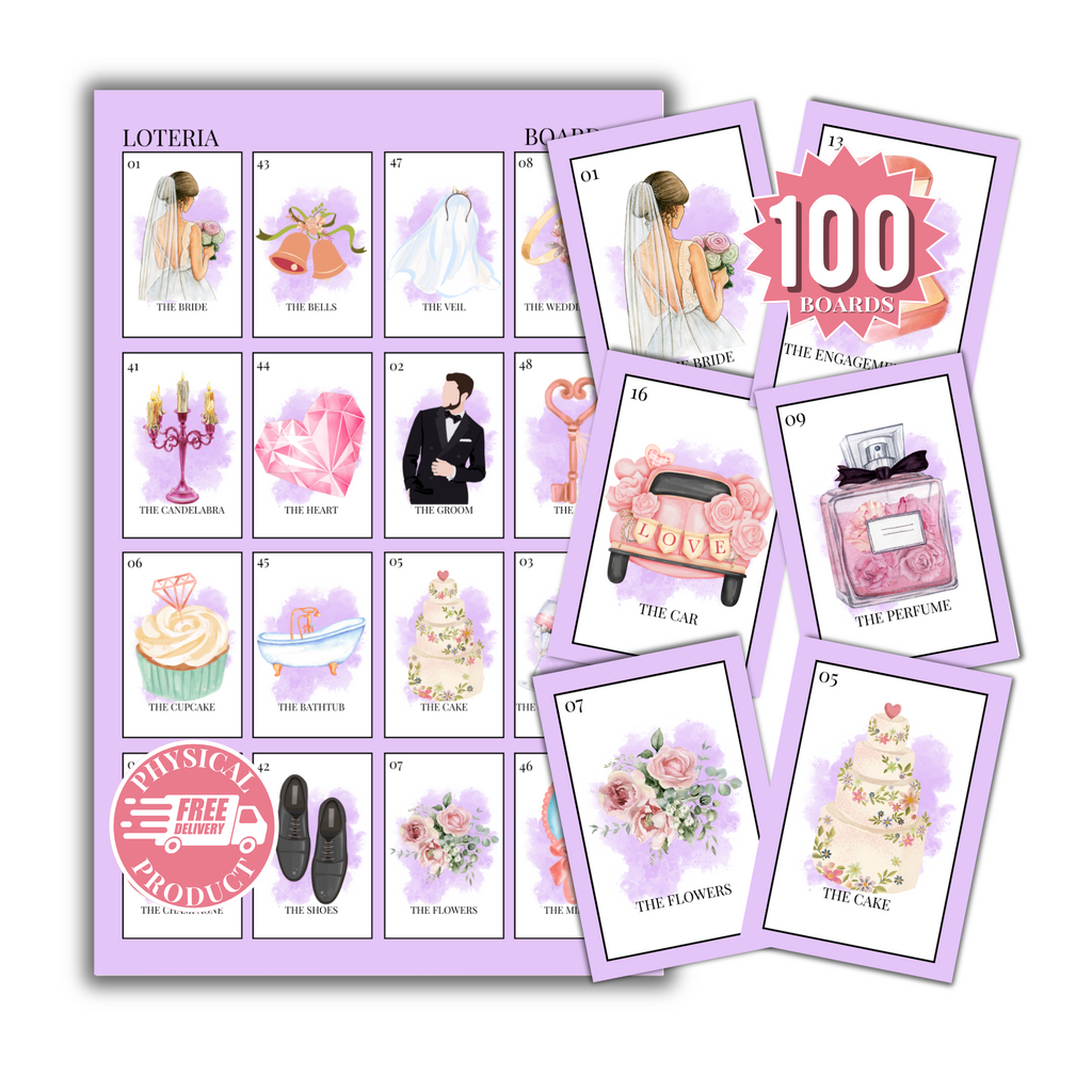 Bridal Shower Bingo In English - 100 Cards - Wedding Shower Bingo In English - Purple