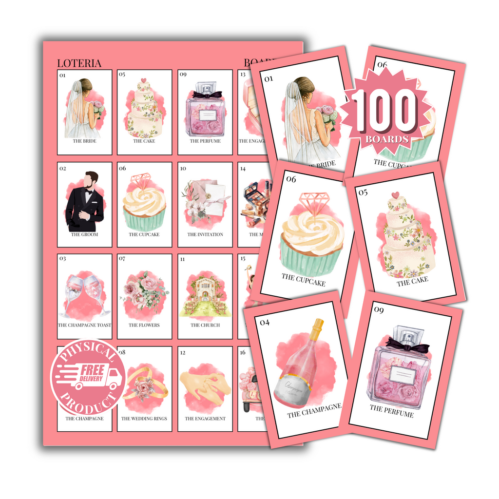 Bridal Shower Bingo In English - 100 Cards - Wedding Shower Bingo In English - Pink 1