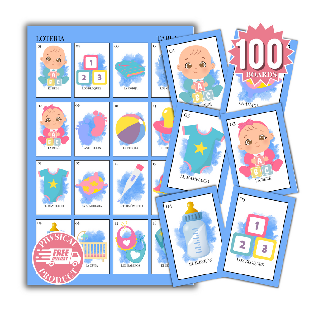 Baby Shower Bingo In English - 100 Cards - Baby Shower Bingo In English - Blue