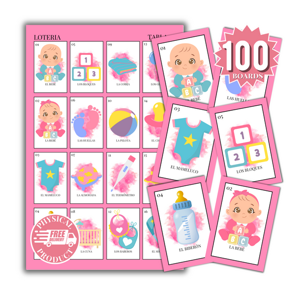 Baby Shower Bingo In Spanish - 100 Cards - Baby Shower Bingo In Spanish - Fuchsia