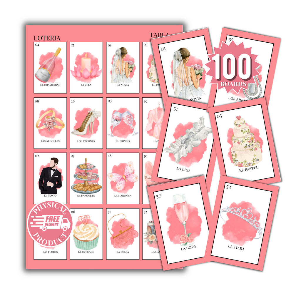 Bridal Shower Bingo In Spanish - 100 Cards - Wedding Shower Bingo In Spanish - Pink