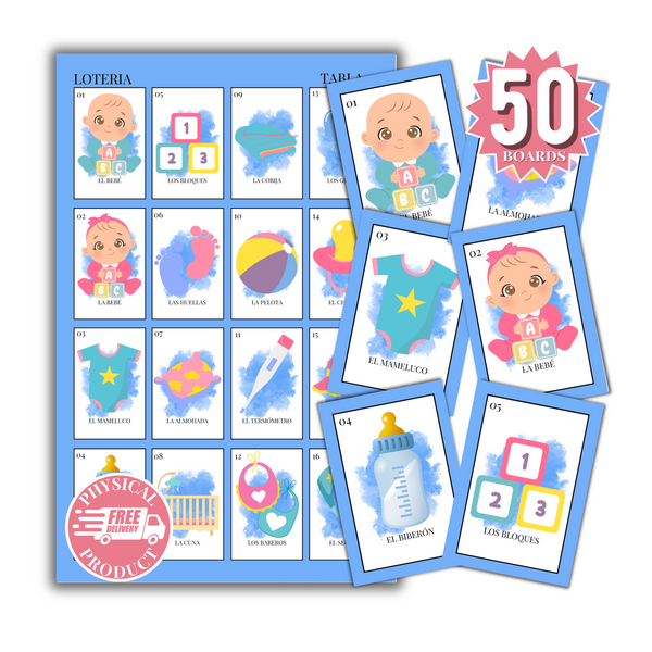 Baby Shower Bingo In Spanish - 50 Cards - Baby Shower Bingo In Spanish - Blue