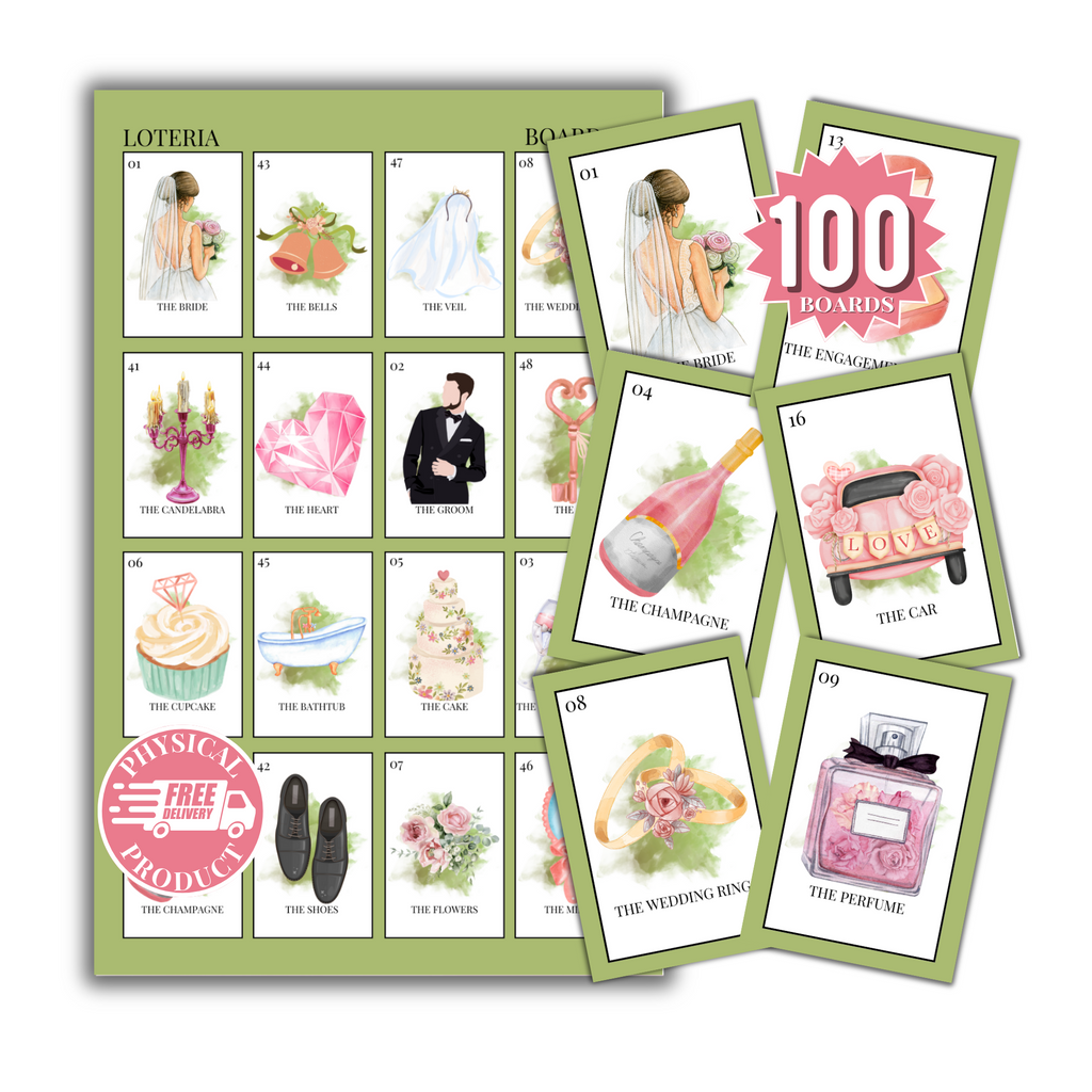 Bridal Shower Bingo In English - 100 Cards - Wedding Shower Bingo In English - Green