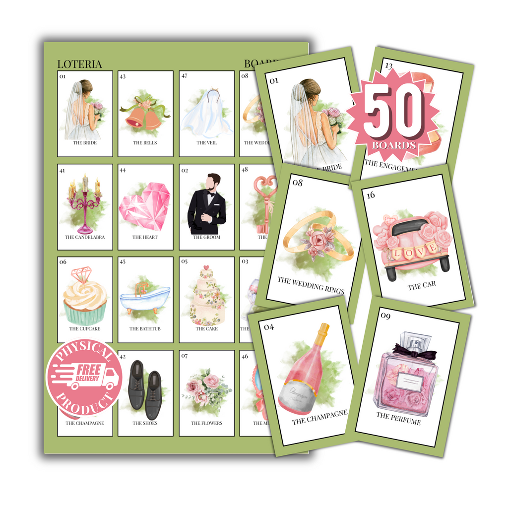 Bridal Shower Bingo In English - 50 Cards - Wedding Shower Bingo In English - Green