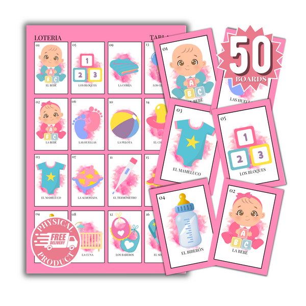 Baby Shower Bingo In Spanish - 50 Cards - Baby Shower Bingo In Spanish - Fuchsia