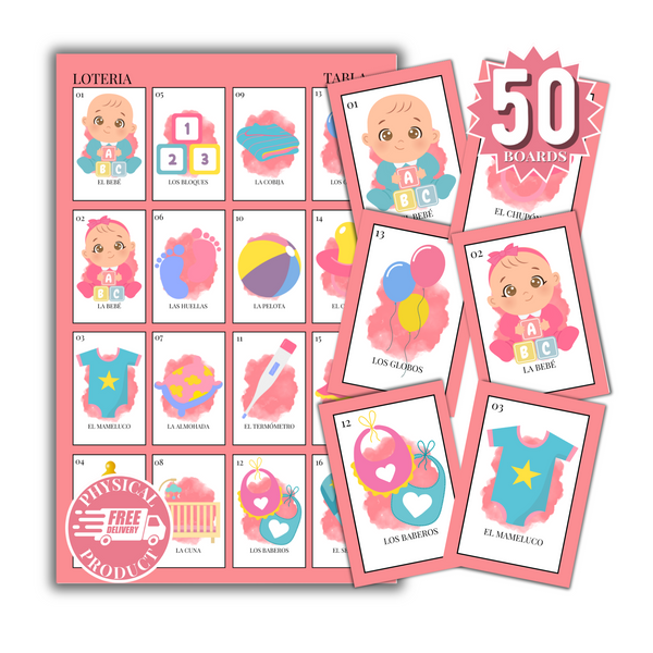 Baby Shower Bingo In Spanish - 50 Cards - Baby Shower Bingo In Spanish - Pink