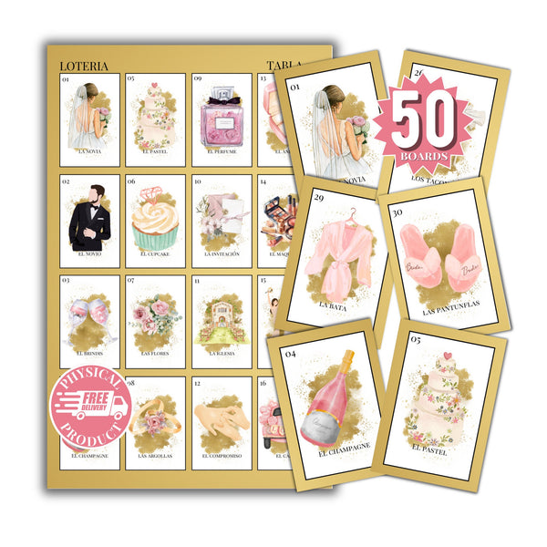 Bridal Shower Bingo In Spanish - 50 Cards - Wedding Shower Bingo In Spanish - Gold