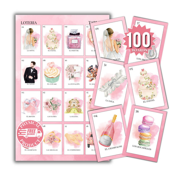 Bridal Shower Bingo In Spanish - 100 Cards - Wedding Shower Bingo In Spanish - Pink 2