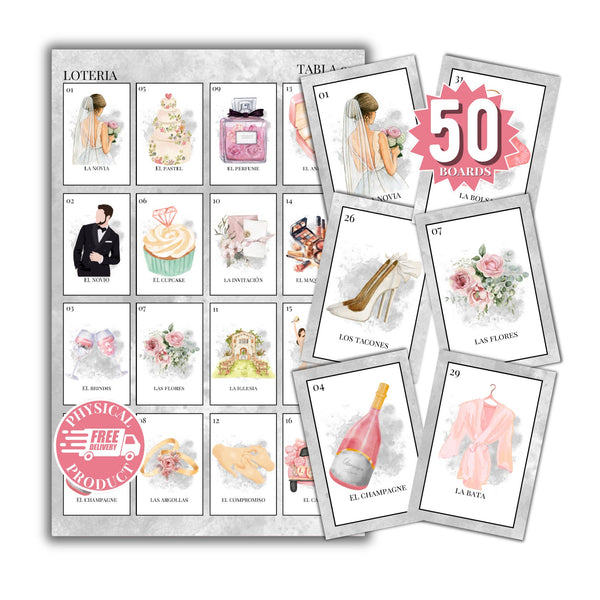 Bridal Shower Bingo In Spanish - 50 Cards - Wedding Shower Bingo In Spanish - Gray