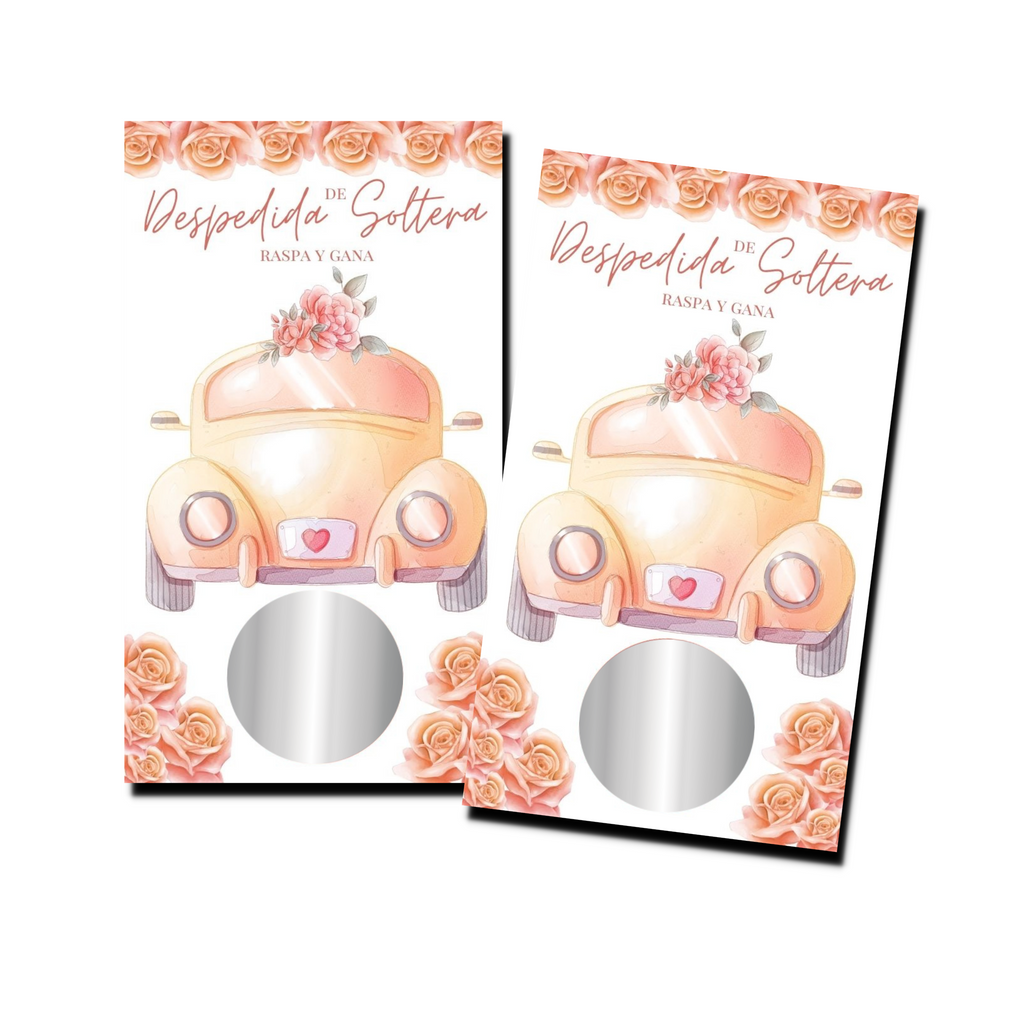 Bridal Shower Games In Spanish - "Despedida De Soltera" Orange Wedding Car - 50 Cards - Scratch Off Cards