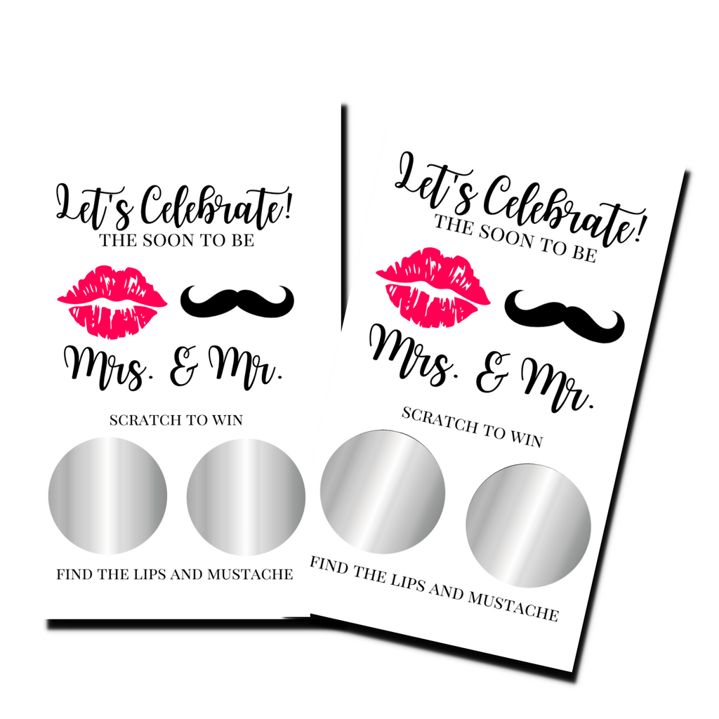 Bridal Shower Games - "Let's Celebrate" Lips & Mustache - 50 Cards - Scratch Off Cards