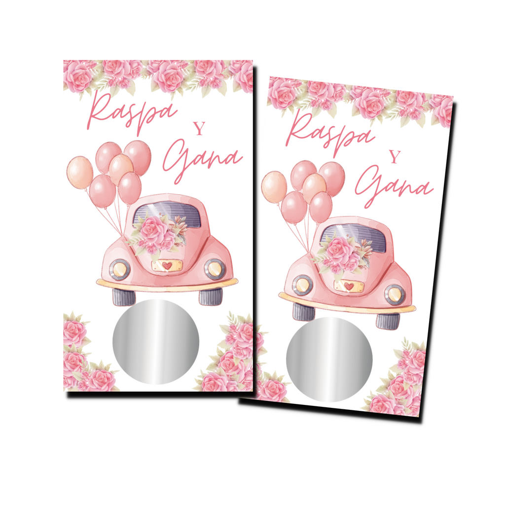 Bridal Shower Games In Spanish - "Raspa Y Gana" Pink Wedding Car - 50 Cards - Scratch Off Cards