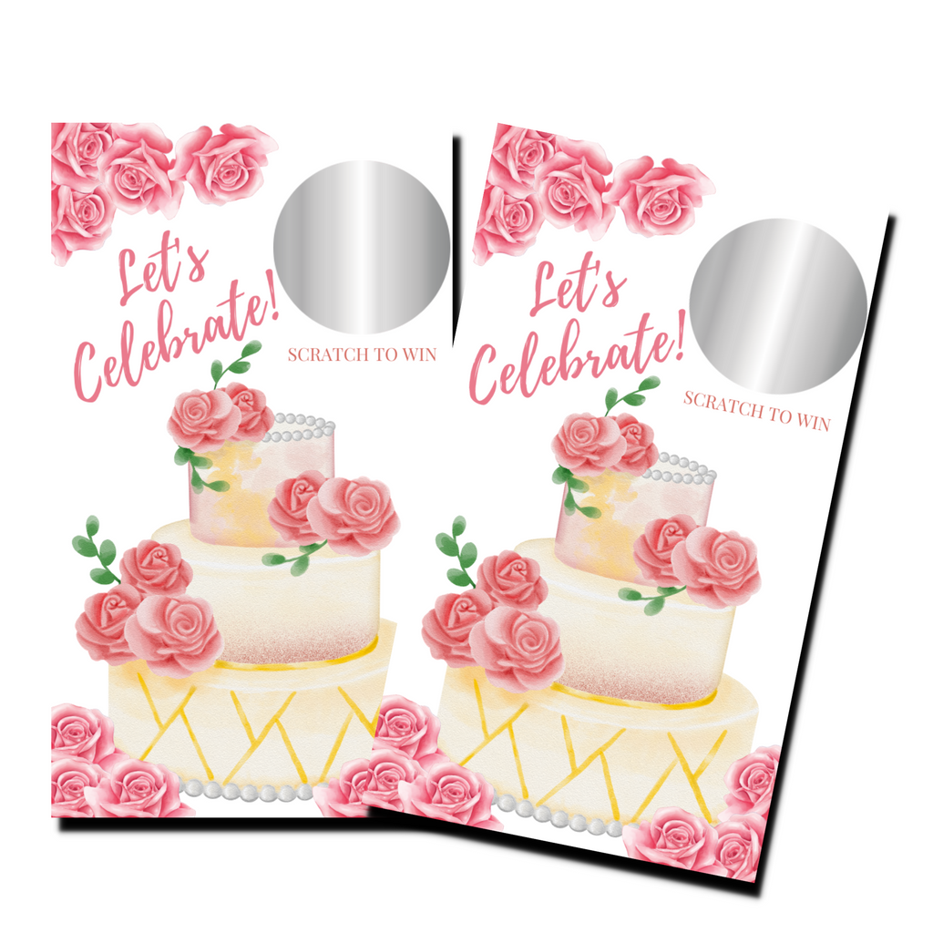 Bridal Shower Games - "Let's Celebrate" Wedding Cake - 50 Cards - Scratch Off Cards